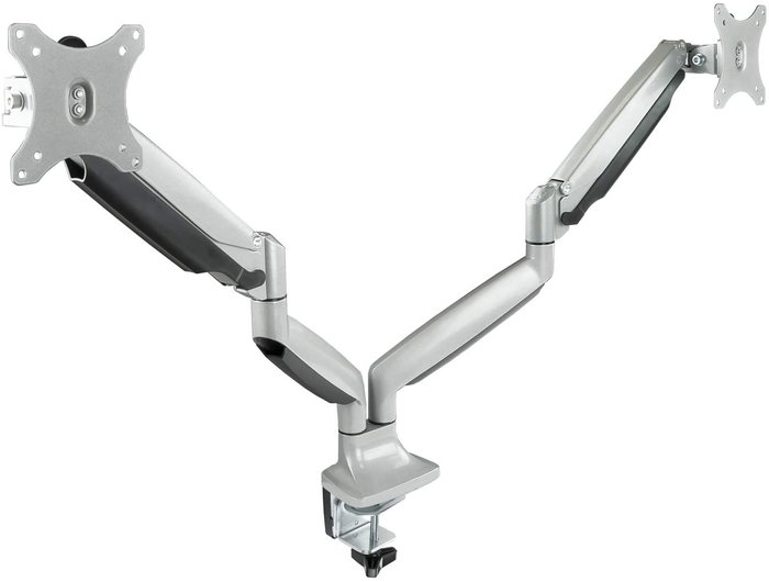 TooQ Soporte de Mesa para 2 Monitores DB3132TNR-S, Giratorio e Inclinable con Pistón de Gas, para Pantallas de 13 a 32 Pulgadas, VESA 75/100, Hasta 9kg, Plata